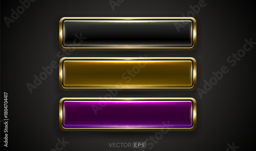 Set of three glossy buttons with golden frames.