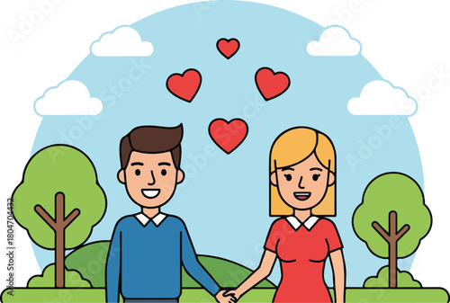 Couple holding hands expressing love and affection in a park setting smiling happily.