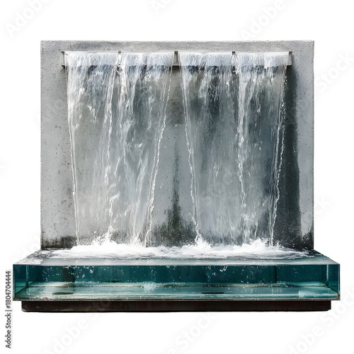 Modern transparent water wall fountain with flowing water cascading into a glass basin