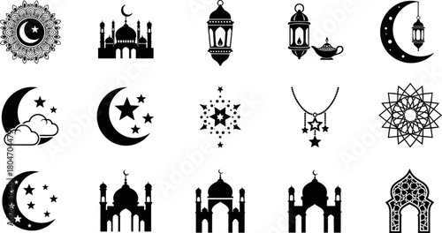 Islamic silhouette icons, mosque, crescent moon, lantern, star pattern, prayer symbols, Ramadan theme, black design, religious architecture, Muslim culture, Eid elements