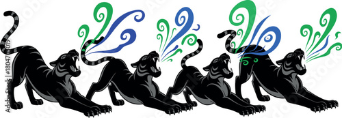 Roaring panther silhouettes with colorful breath swirls, dynamic animal vector illustration for decor, logo, editorial, tattoo, and fantasy-themed design use