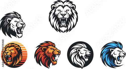 Set of artistic lion head illustrations, roaring and stylized designs in black, white, red, blue, and orange, symbol of strength, courage, leadership
