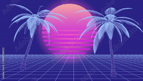 Retrowave style illustration of the arcade game cyberspace with palms made of wireframe, neon sun and laser grid.