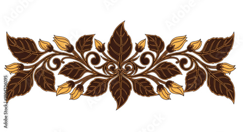 Traditional Sri Lankan Liyawel border vector. Intricate Kandyan floral creeper design in dark brown and ochre.
