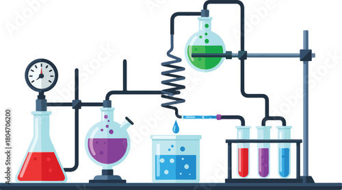 Complex chemical laboratory setup with colorful liquids and equipment.