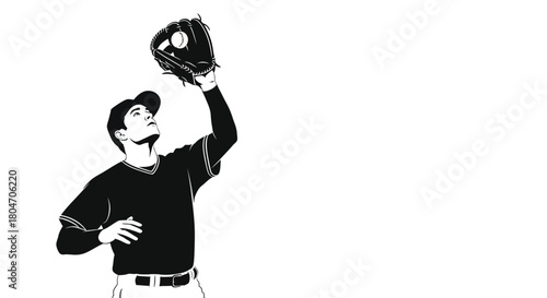 Focused baseball player catches fly ball with professional skill, perfect for sports marketing and baseball themed promotions or designs, vector origin