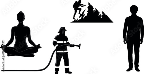 Silhouette Icons of Meditation, Firefighting, Mountaineering, Hiking, and Casual Human Figure
