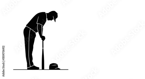 Isolated silhouette of baseball player resting on bat, after game reflection, intense concentration, ready for next play, determined athlete, vector origin
