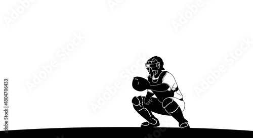 Intense baseball catcher ready for the pitch, showcasing focus and determination in a modern design, perfect for sports enthusiasts and athletic projects