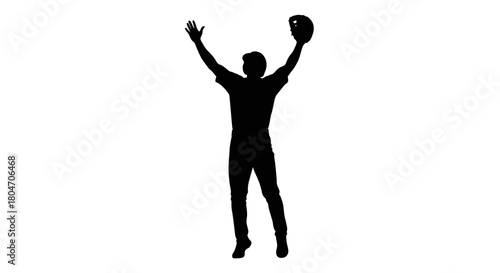 Dynamic silhouette of baseball player celebrating victory with glove held high, perfect for sports branding, team spirit visuals, and motivational content