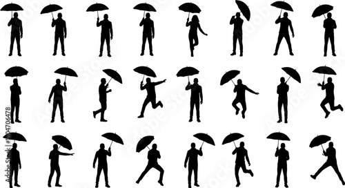 Silhouette illustration of 25 umbrella poses, black and white vector grid, diverse human motion and weather-related activity concept for design use