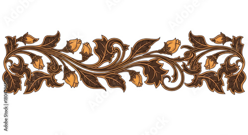 Traditional Sri Lankan Liyawel border vector. Intricate Kandyan floral creeper design in dark brown and ochre.