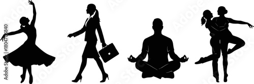 Silhouette illustration of ballet, business, meditation, and dance activities, black and white vector, lifestyle and profession concept, expressive human motion