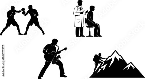 Silhouette icons, boxing, doctor and patient, guitar playing, mountain climbing, diverse professions, sports, healthcare, music, adventure, black vector illustrations