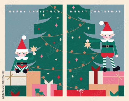Christmas illustration in contemporary flat minimalist geometric style with little Santa's helpers decorating a Christmas tree. Design for Holiday greeting cards, postcards or advent calendar. 