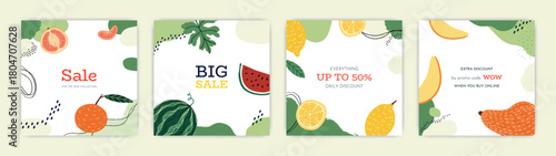 Fruit background. Sale and discount tropical summer banner. Abstract template for social media post, flyer template. Botanical decorative backdrop for special offer vector isolated illustration