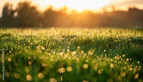 close up of micro mist droplets overlaying a green field with blurred bokeh effect and warm sunlight