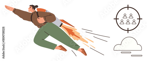 Person propelled by rocket backpack to achieve goals, target focus symbol, and cloud icon. Ideal for success, ambition, innovation, progress, leadership target achievement business growth. Simple