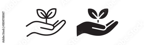 Hand holding a small plant sprout icon, symbolizing growth, nature care, new life, environment, and sustainability. Vector