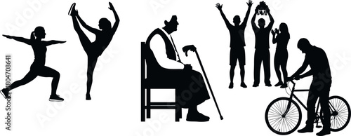 Black silhouette icons, human activity, life stages, fitness, celebration, aging, flexibility, meditation, bicycle repair, wellness illustration, lifestyle diversity, daily moments