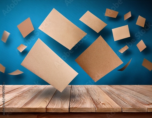 levitating brown paper cards against blue wall and wooden table workspace theme
