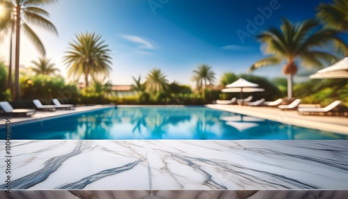 luxurious marble tabletop with blurred background of swimming pool and palm trees on a sunny day