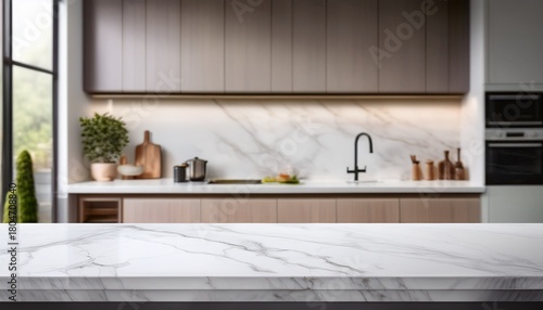 luxurious white marble tabletop with a blurred modern kitchen interior perfect for product display or design mockups