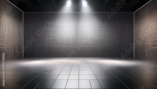 modern studio interior with grid wall display and spotlight illumination for presentation