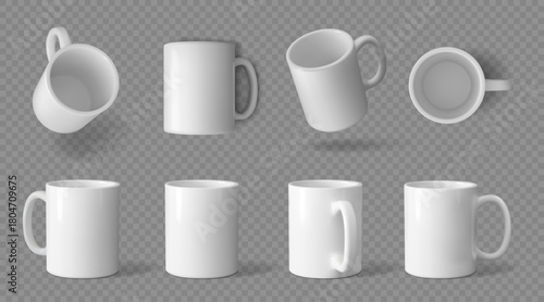 Mug mockup. White coffee cup with handle different sides and top view, 3d ceramic template or isolated brand corporate design for logo, blank design, hot beverage porcelain. Vector illustration