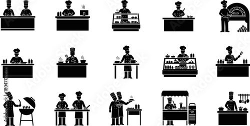 Chef silhouettes, cooking activities, kitchen staff, culinary professionals, food preparation, restaurant scenes, grilling, baking, serving food, commercial kitchen, black vector icons
