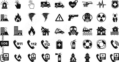 Emergency icons collection, disaster response symbols, safety equipment, rescue tools, medical alert signs, fire protection, hazard warning, emergency communication, first aid, preparedness visuals