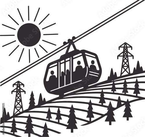 Cable car silhouette moving up a hill against a clear sky