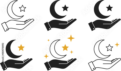 Hand holding crescent moon and star icon set, celestial care symbol, night theme, spiritual illustration, black and gold vector design