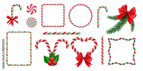 Candy cane frame. Christmas stick border. 3D lollipop line pattern or red and white strip. Caramel bonbon. Sweet corners. Coniferous branch with red ribbon. Vector holiday Xmas decor set