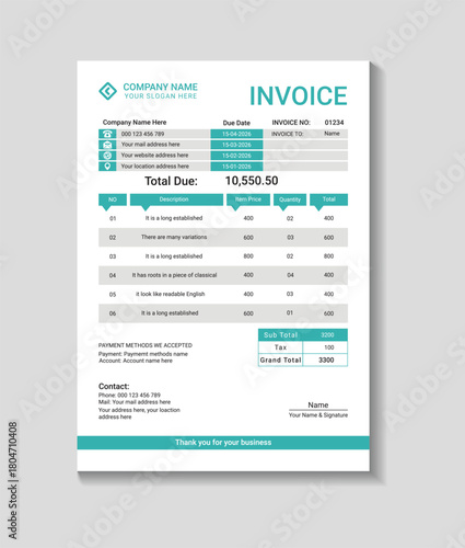 Professional business invoice document template with modern design.