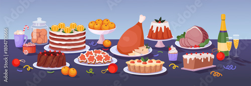 Christmas table. Feast meal dinner. Winter party dish. Food at tabletop. Holiday celebration chicken meat. Xmas pie plate. Sweet cake with glaze. Turkey serving. Vector illustration