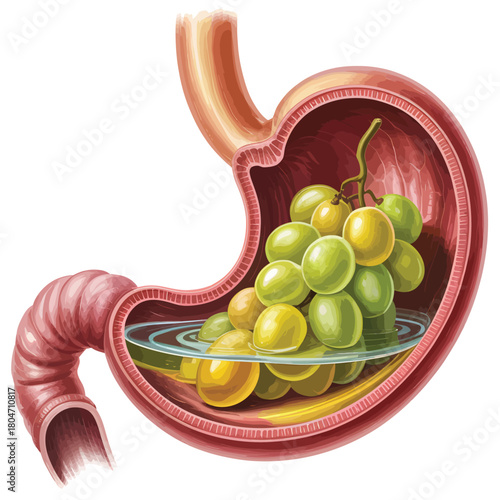 Illustration of a human stomach filled with grapes showing digestion and stomach contents for medical or educational use