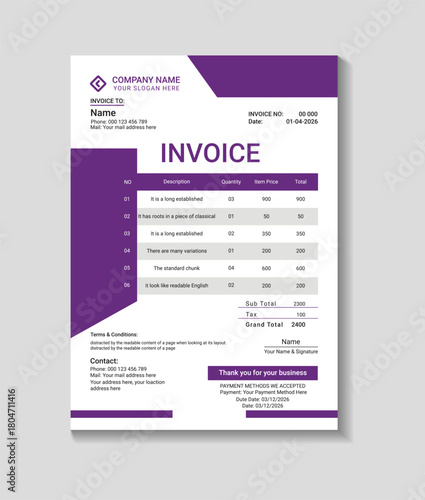 Professional modern business invoice template for financial records