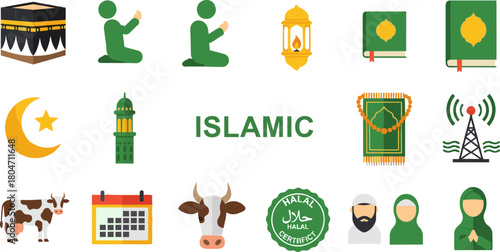 Islamic culture icons, Kaaba, mosque, prayer rug, Quran, crescent moon, Halal badge, Muslim attire, religious symbols, Ramadan, Eid, Islamic traditions