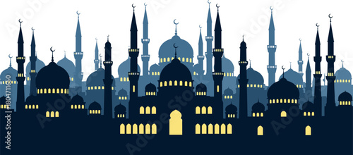 Islamic cityscape illustration, blue mosque domes and minarets, crescent moon symbols, nighttime architecture, spiritual skyline, cultural heritage, religious buildings