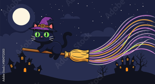 Cartoon Black Cat Witch Flying on Broomstick Halloween Night.