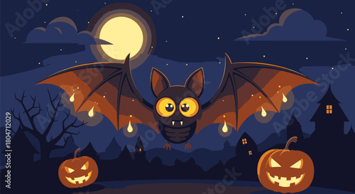 Cartoon Bat with Glowing Wings and Halloween Pumpkins.