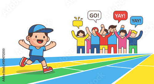Cartoon boy running a race with cheering spectators.