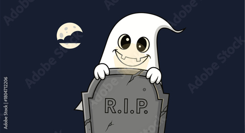 Cartoon Ghost Peeking Over Tombstone with RIP Inscription.