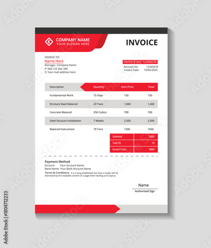 Modern professional business invoice template with red accents