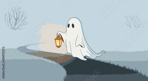 Cartoon Ghost with Lantern on a Dark Path.