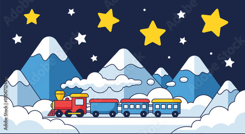 Cartoon Train Journeying Through a Starry Night Landscape.