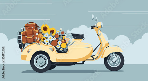 Vintage Yellow Scooter Loaded with Flowers and Luggage.