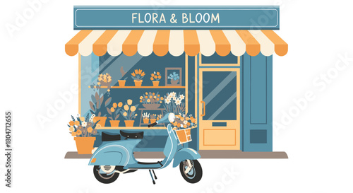Charming Flower Shop with Scooter and Floral Display.