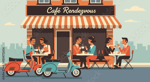 Charming Cafe Rendezvous Scene with Patrons and Scooters.